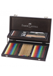 Set of art products in an elegant stained wood box.