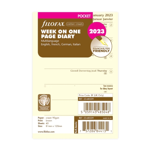 Calendar Refill Week On One Page Pocket 2023 cotton cream multilanguage FILOFAX - 4