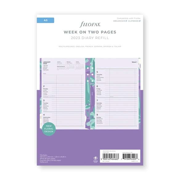 Floral Ilustrated Calendar Refill Week On Two Pages A5 2023 multilanguage FILOFAX - 13