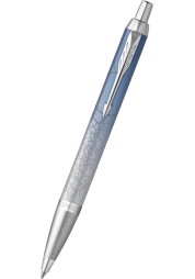 Parker IM Last Frontier Polar ballpoint pen with lacquered body and stainless steel lid with unique color shading from slate to ice blue. 
